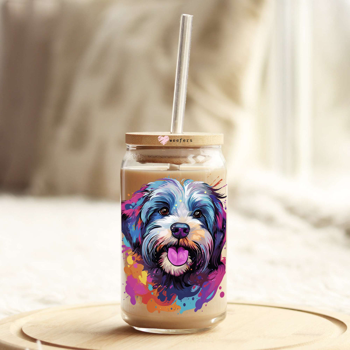 Havanese Colorful Watercolor 16oz Libbey Glass Can UV DTF or Sublimation Wrap - Decal Weefers