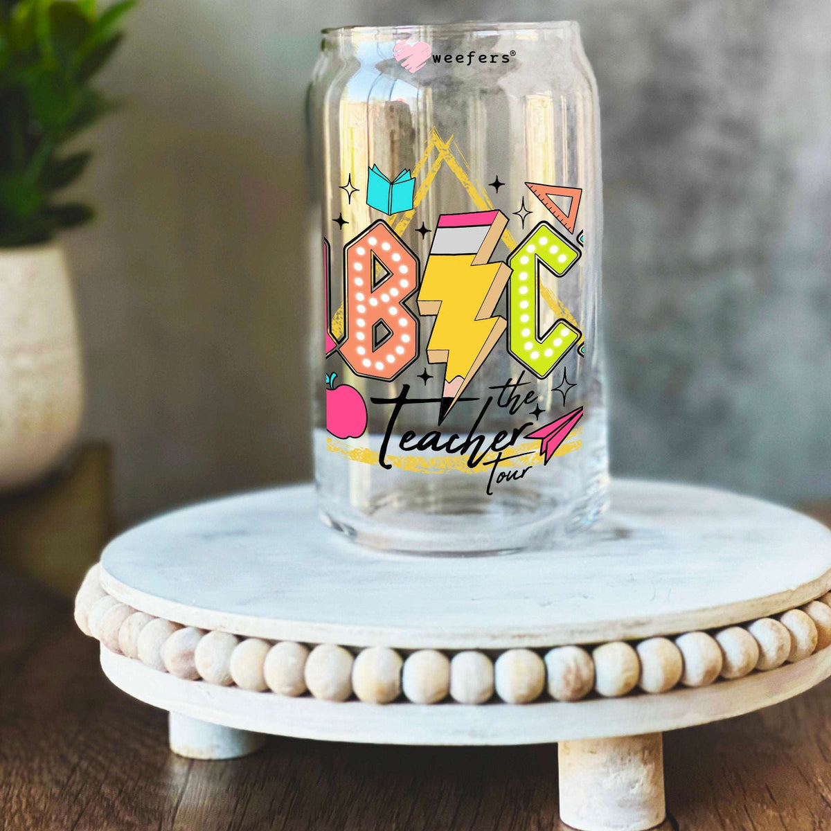 ABCD the Teacher Tour 16oz Libbey Glass Can UV DTF or Sublimation Wrap Decal Transfer Weefers