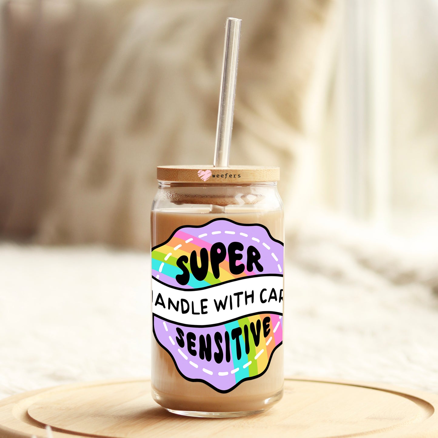 Super Sensitive Handle With Care 16oz Libbey Glass Can UV DTF or Sublimation Wrap - Decal Weefers