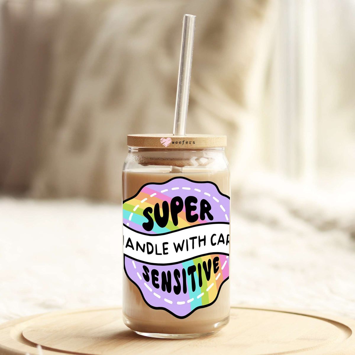 Super Sensitive Handle With Care 16oz Libbey Glass Can UV DTF or Sublimation Wrap - Decal Weefers