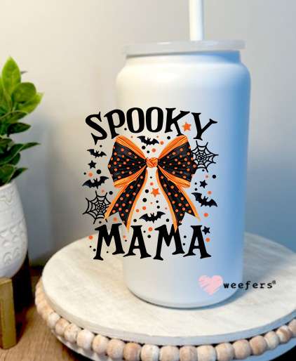 Spooky Mama Bow 16oz Libbey Glass Can UV DTF Decal Transfer Weefers