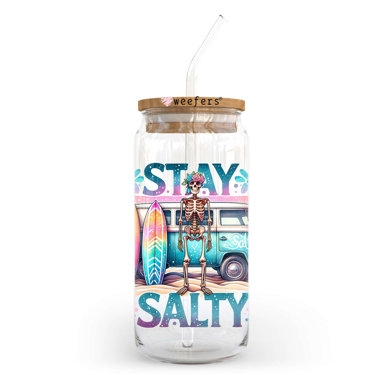 Stay Salty Bus Skeleton 20oz Libbey Glass Can, 34oz Hip Sip UV DTF or Sublimation Decal Transfer Weefers