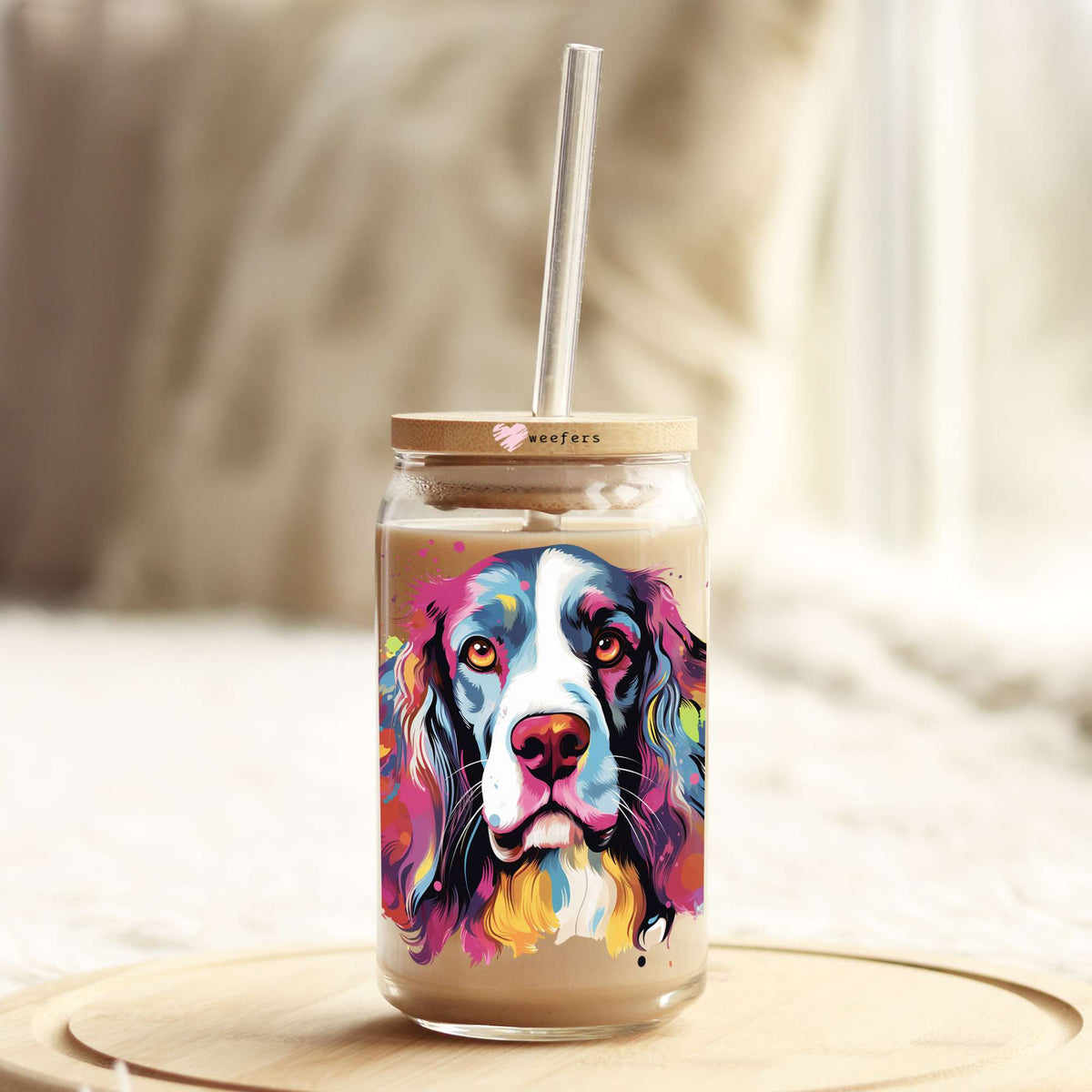 English Springer Spaniel Colorful Watercolor 16oz Libbey Glass Can UV DTF or Sublimation Wrap - Decal Weefers