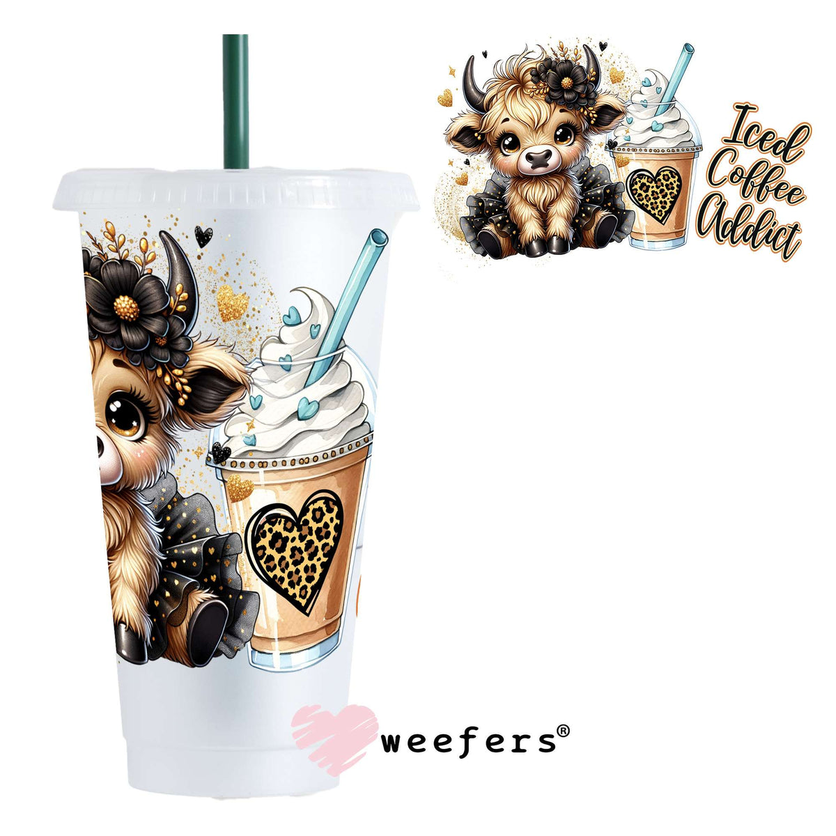Iced Coffee Addict Bougee Highlander Cow UV DTF Cup Wrap 24oz Cold Cup Weefers
