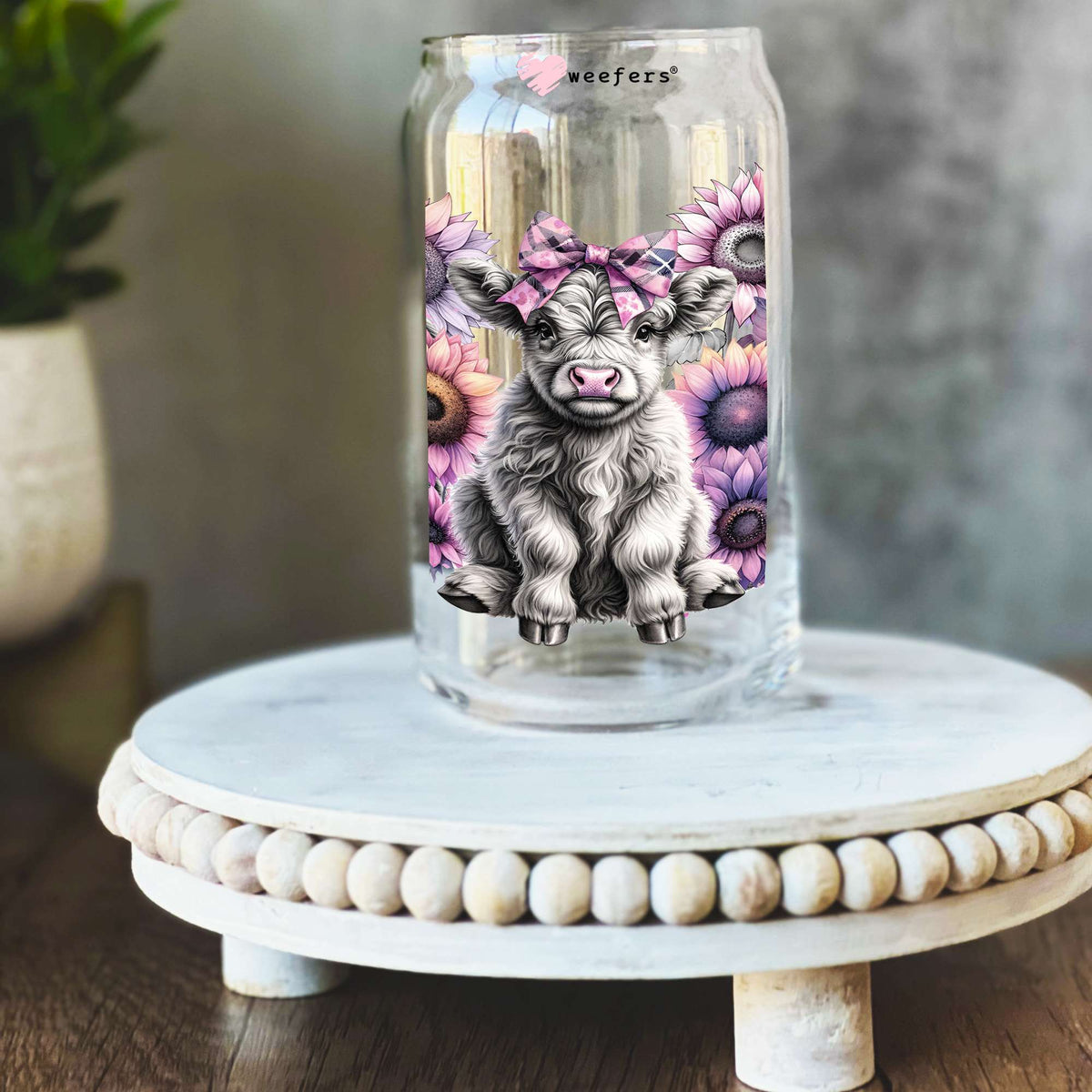 Pink Sunflower Spotted Highlander Cow 16oz Libbey Glass Can UV DTF or Sublimation Wrap Transfer Weefers