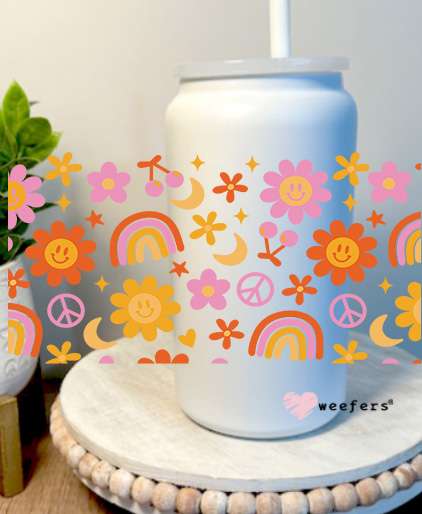 Orange and Yellow Rainbows and Sunflowers 16oz Libbey Glass Can UV DTF Decal Transfer Weefers