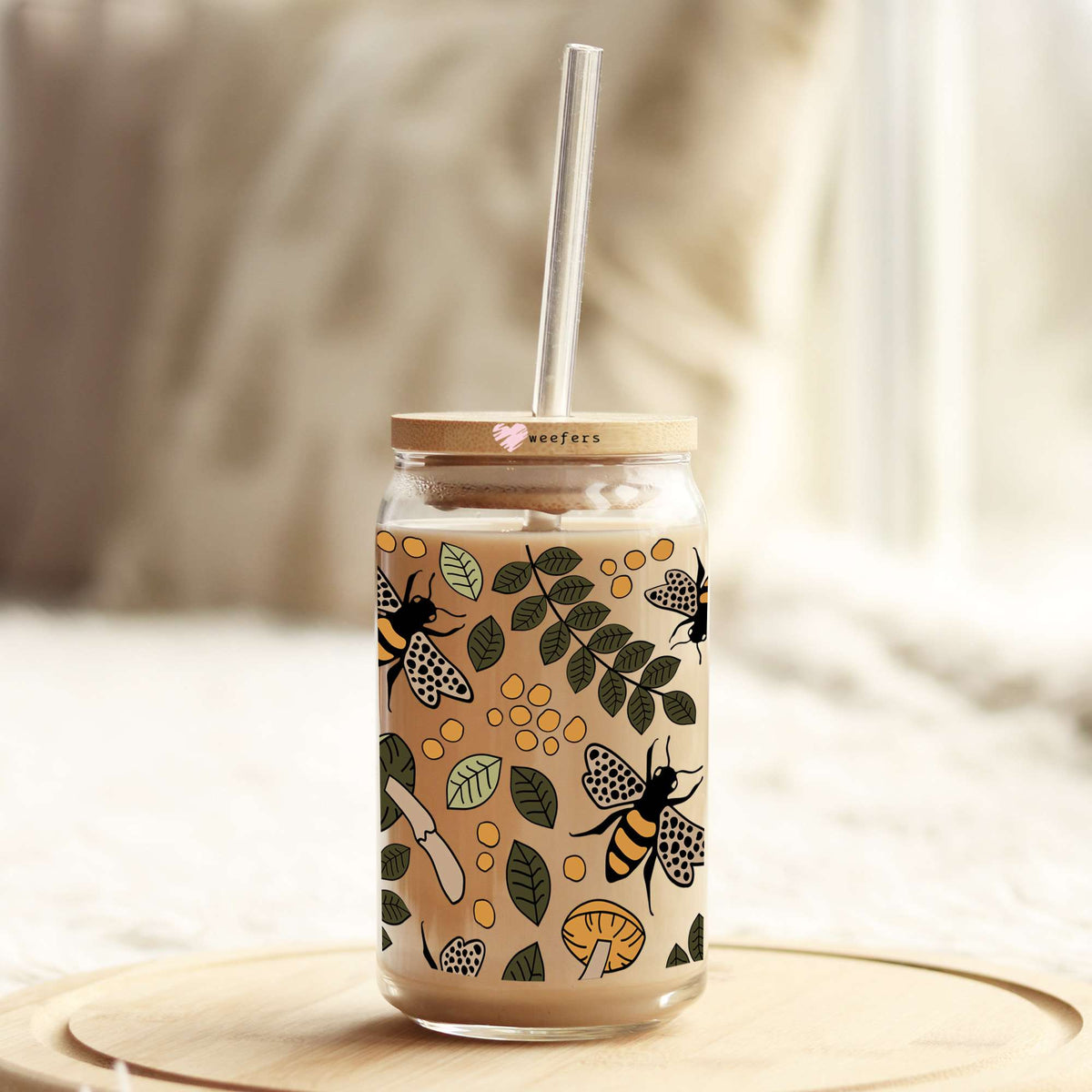 Bees and Mushrooms 16oz Libbey Glass Can UV DTF or Sublimation Wrap - Transfer Weefers