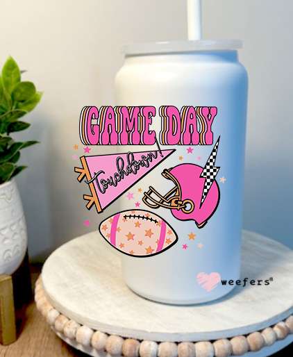 Football Pink Game Day 16oz Libbey Glass Can UV DTF Decal Transfer Weefers