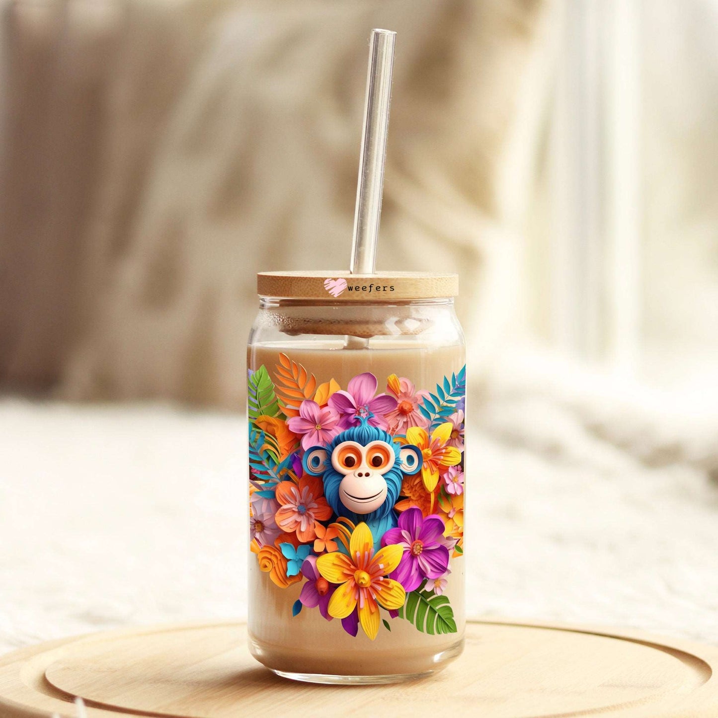 3D Monkey Floral 16oz Libbey Glass Can UV DTF or Sublimation Cup Wrap - Decal Transfer Weefers
