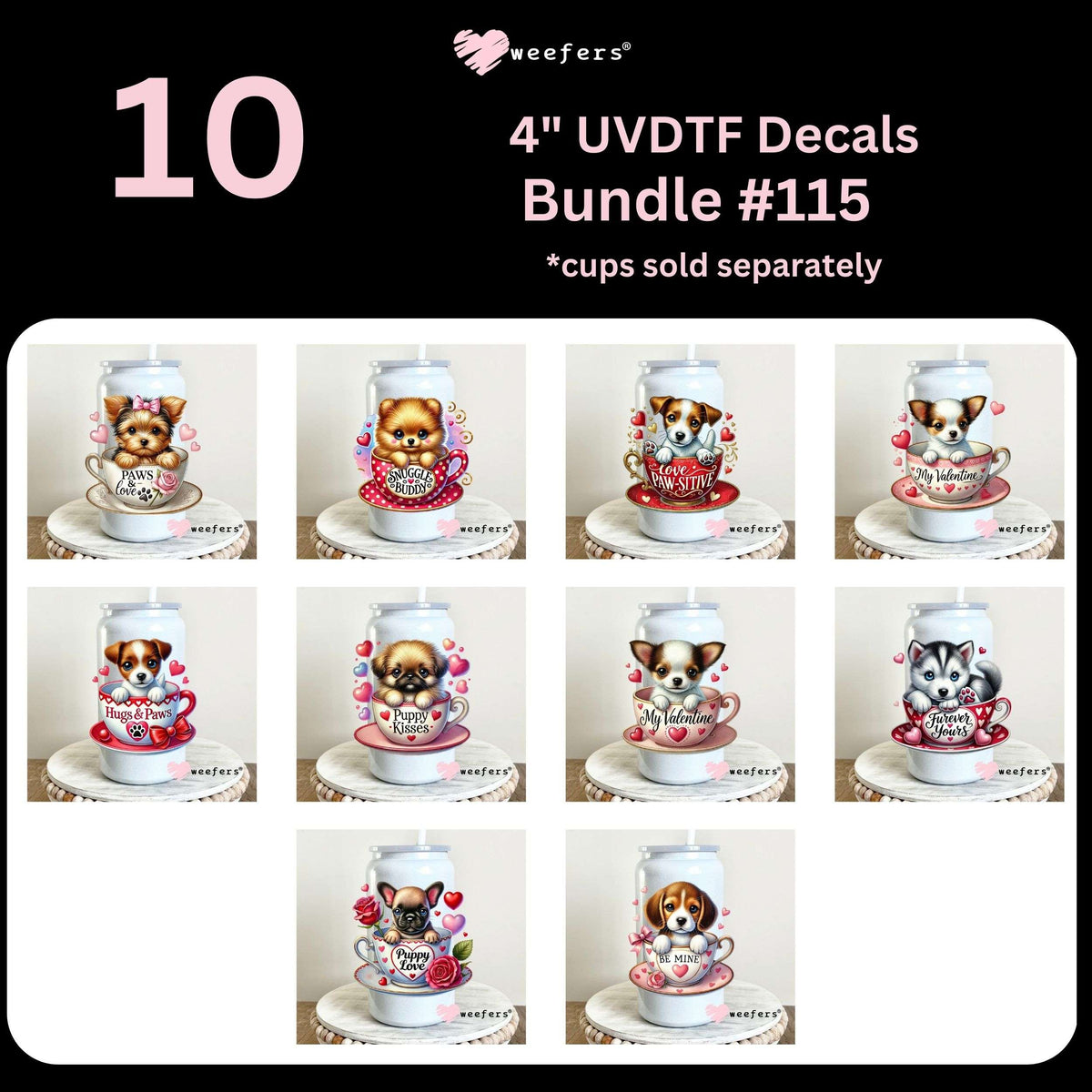 Valentine's Day Puppies 4" UV DTF Decal Bundle #115 - Weefers