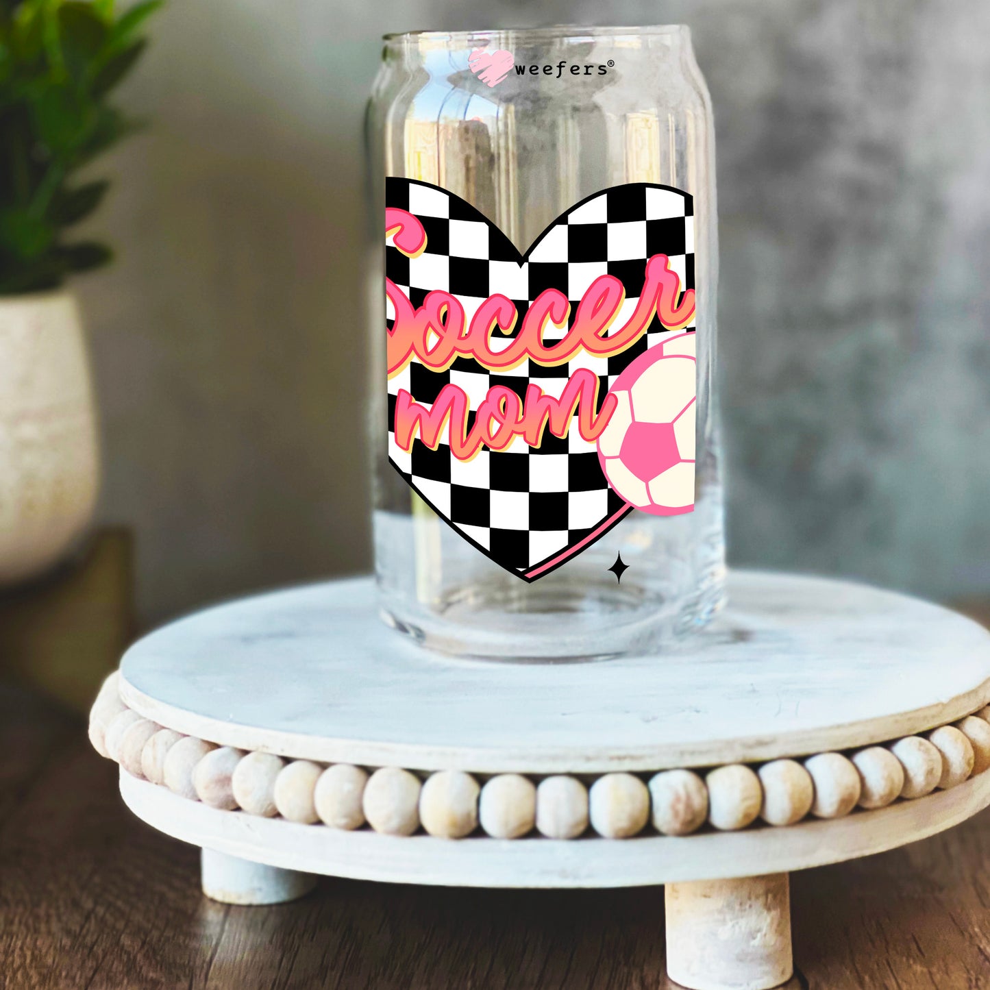 Soccer Mom Black Checkers 16oz Libbey Glass Can UV DTF or Sublimation Wrap Decal Transfer Weefers