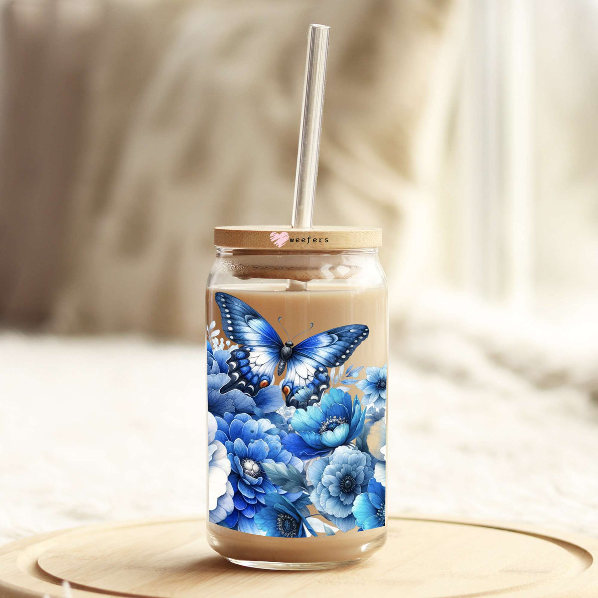 Blue Flowers and Butterflies 16oz Libbey Glass Can UV DTF or Sublimation Wrap Decal Transfer Weefers