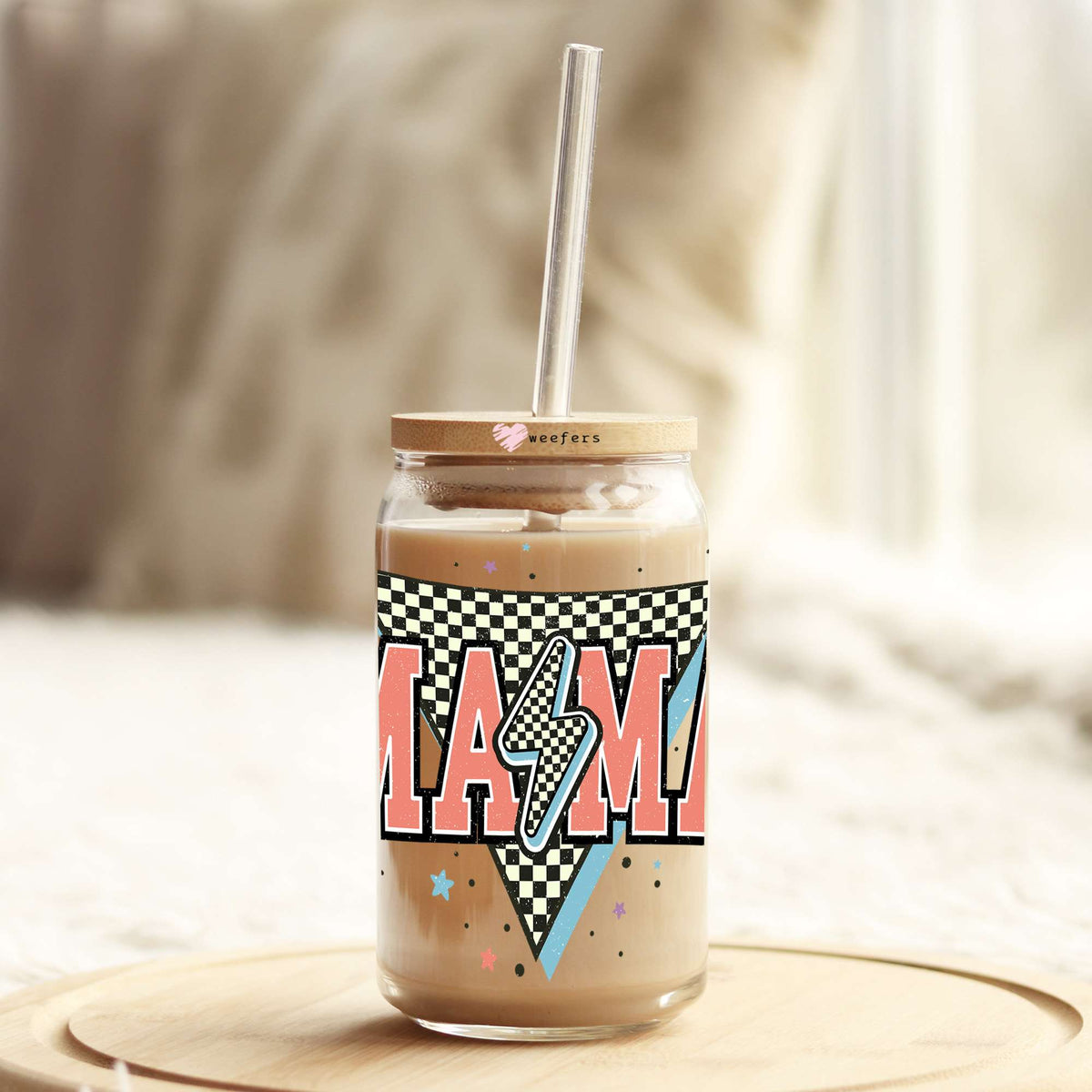 Coral Retro Checkered Mama 16oz Libbey Glass Can UV DTF or Sublimation Wrap Decal Transfer Weefers