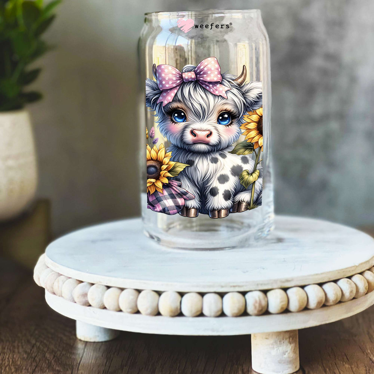 Sunflower Spotted Highlander Cow 16oz Libbey Glass Can UV DTF or Sublimation Wrap Transfer Weefers