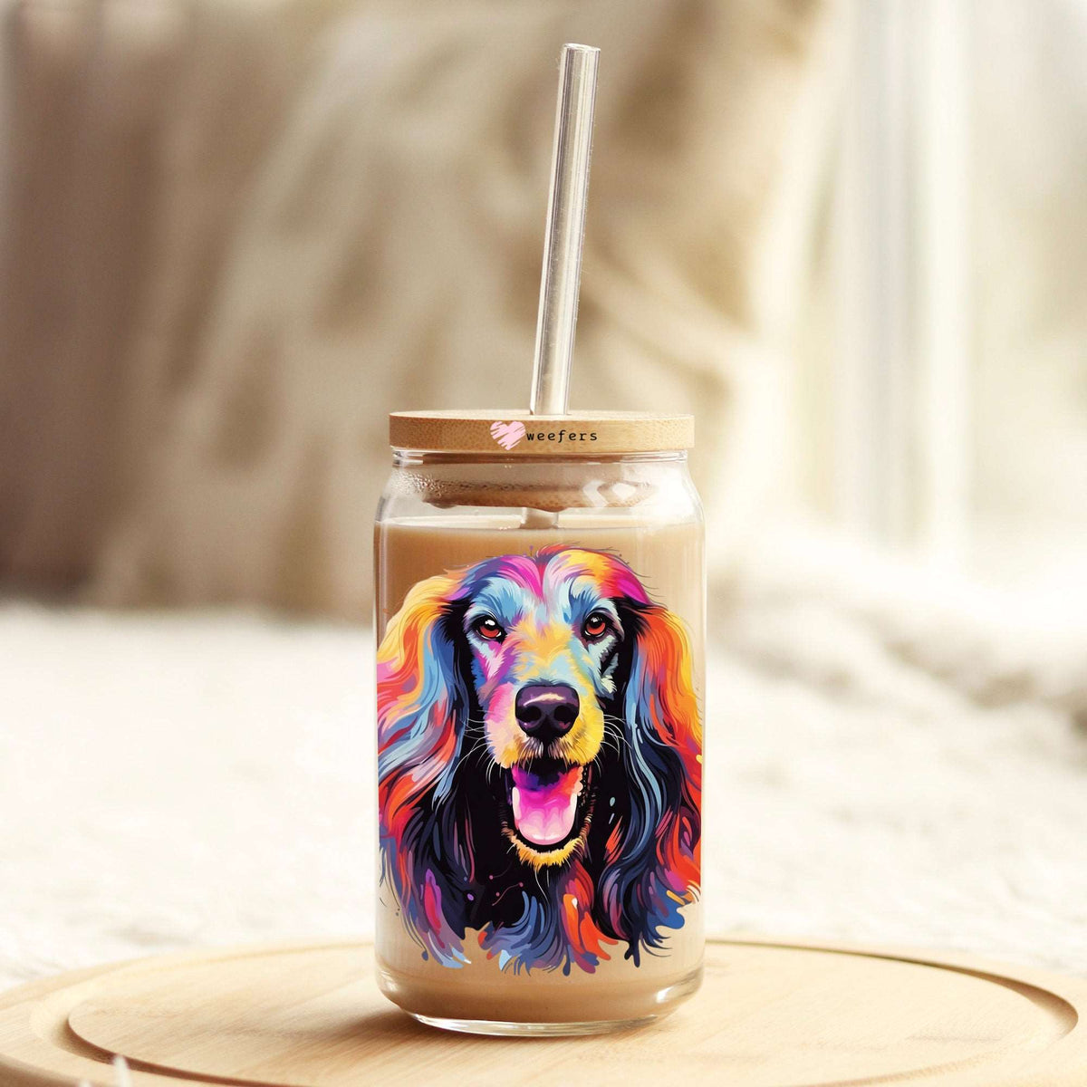 Afghan Hound Colorful Watercolor 16oz Libbey Glass Can UV DTF or Sublimation Wrap - Decal Weefers
