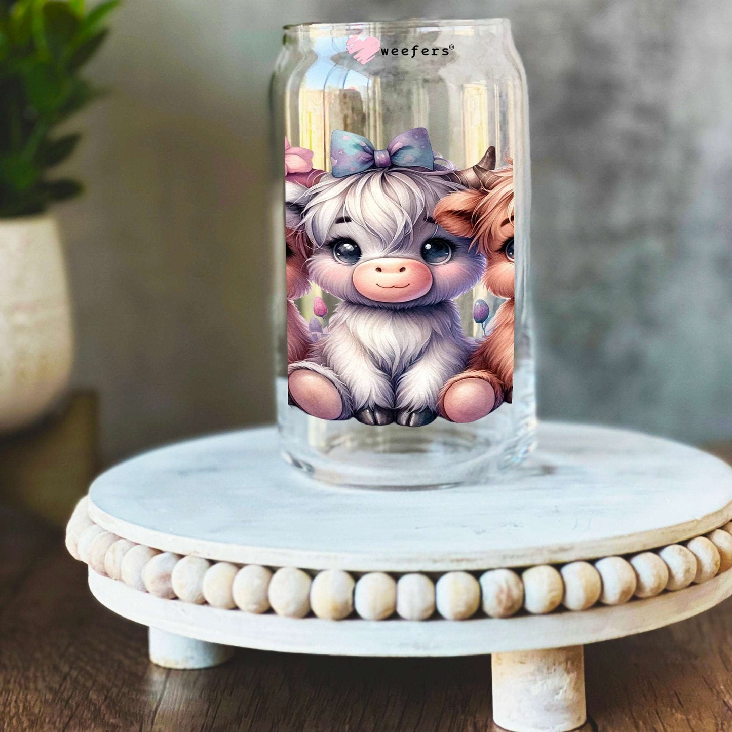 3 Cutie Highland Cow Florals 16oz Libbey Glass Can UV DTF or Sublimation Wrap Transfer Weefers