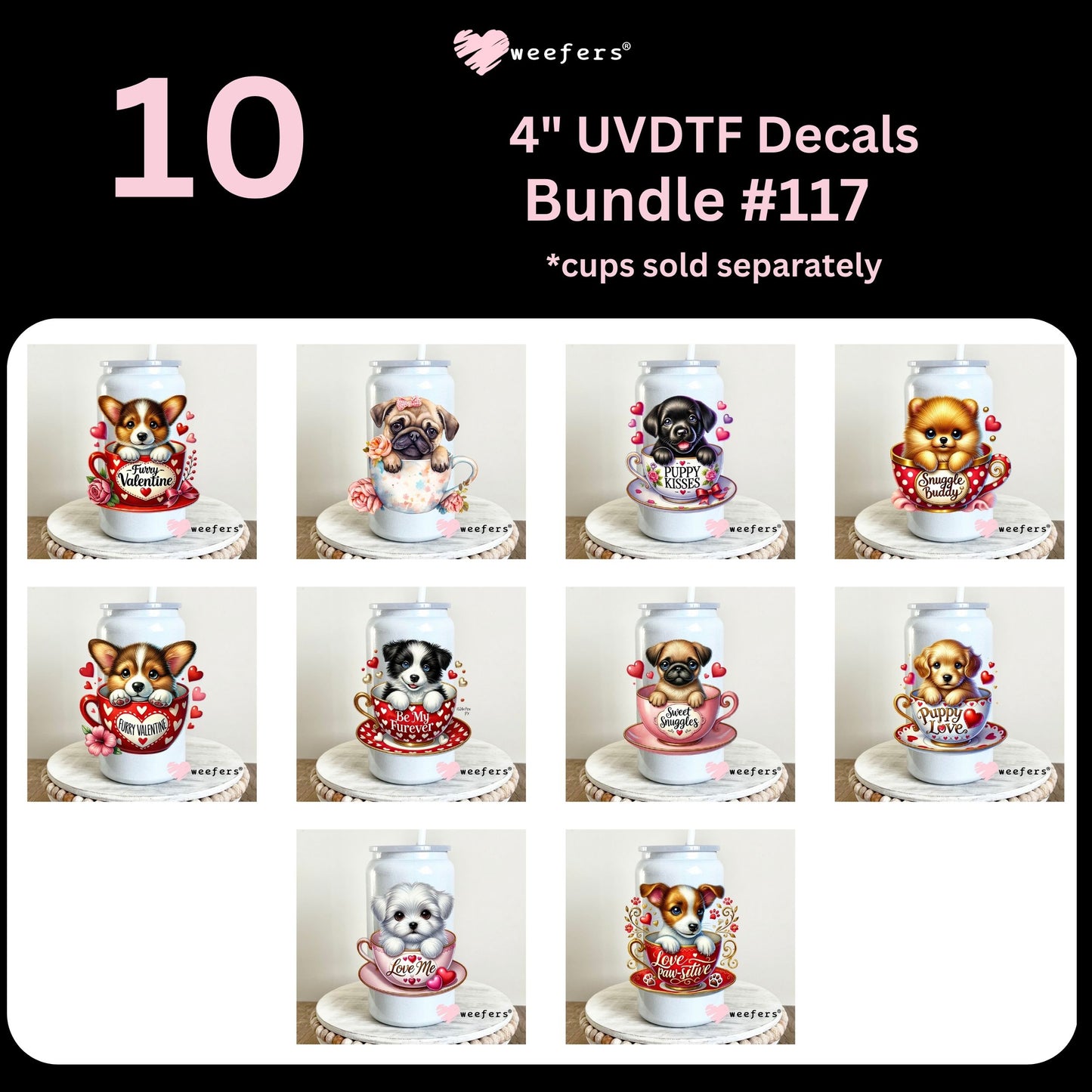 Valentine's Day Puppies 4" UV DTF Decal Bundle #117 - Weefers