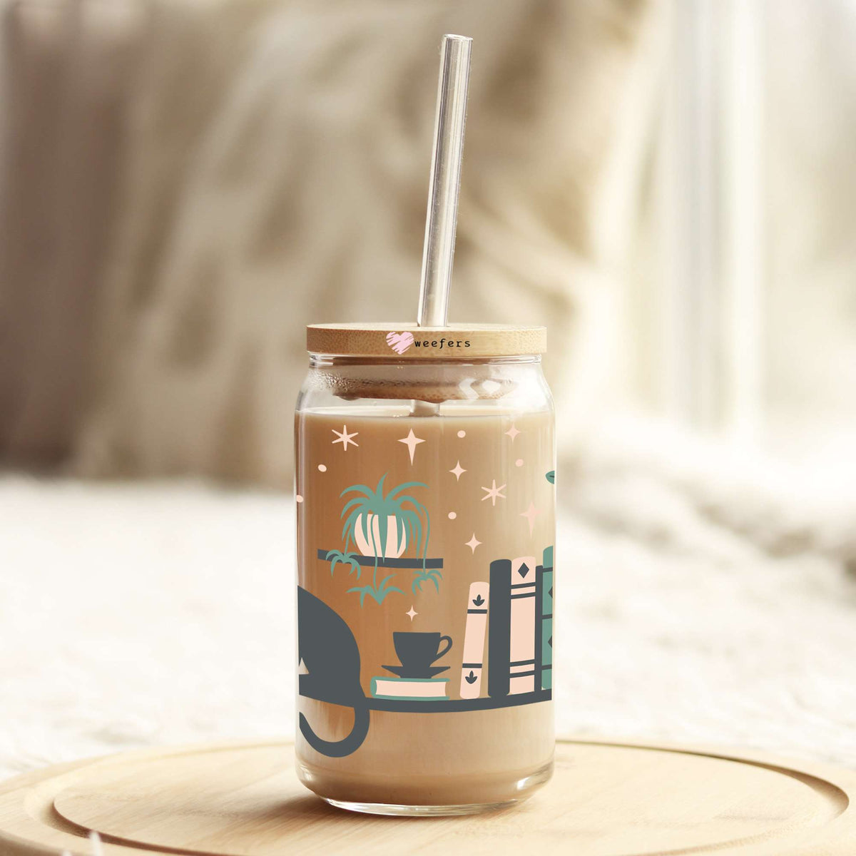 Cat Books and Plants 16oz Libbey Glass Can UV DTF or Sublimation Wrap - Decal Weefers