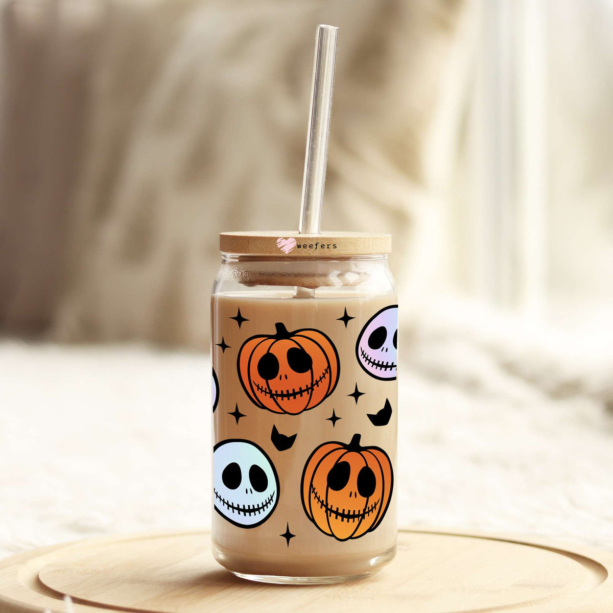 Gradient Skeleton and Pumpkin Heads 16oz Libbey Glass Can UV DTF or Sublimation Wrap Decal Transfer Weefers