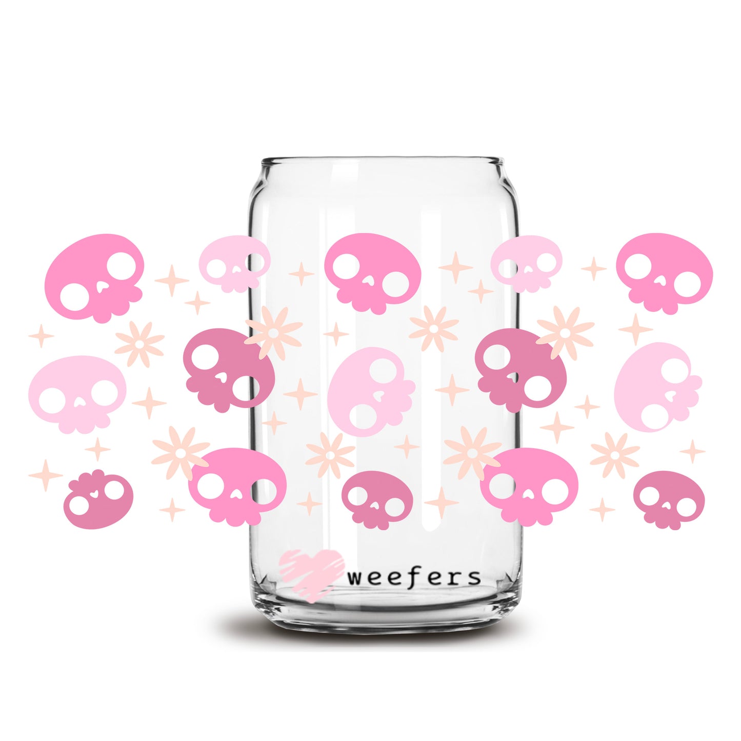Pink Skulls 16oz Libbey Glass Can UV DTF or Sublimation Wrap Decal Transfer Weefers