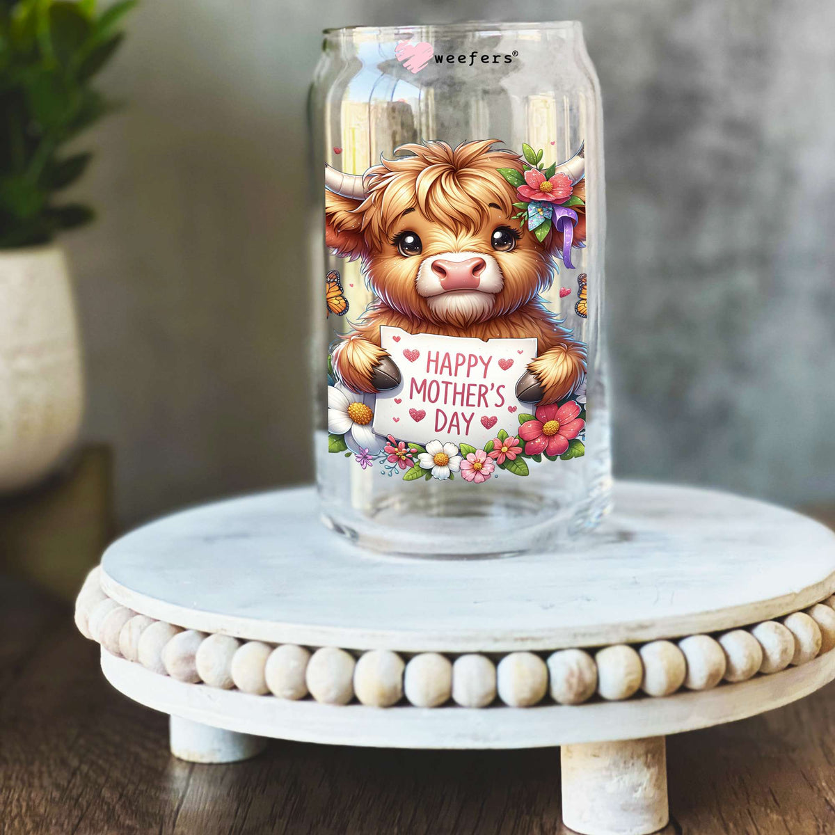 Happy Mother's Day Highland Cow Florals 16oz Libbey Glass Can UV DTF or Sublimation Wrap Transfer Weefers