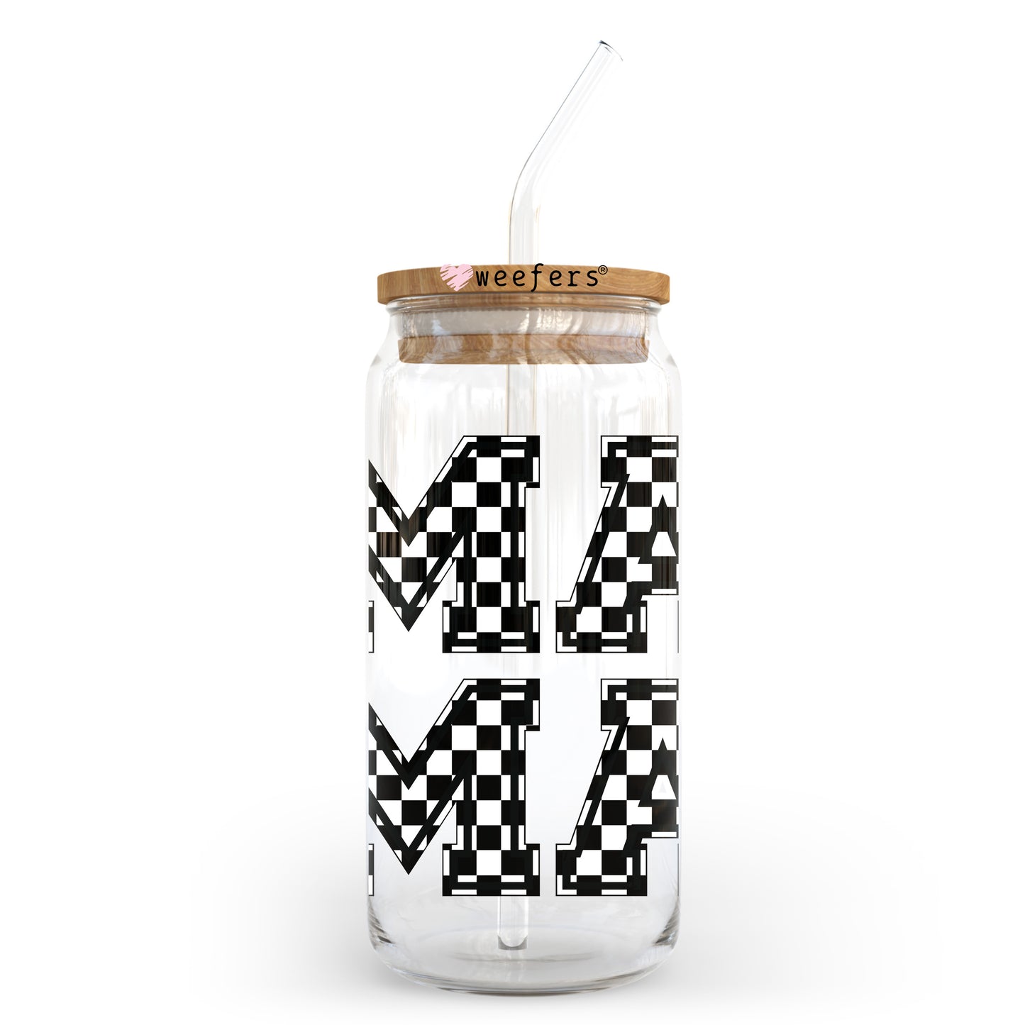 Black and White Checkered Mama Block 20oz Libbey Glass Can UV DTF or Sublimation Wrap - Decal Transfer Weefers