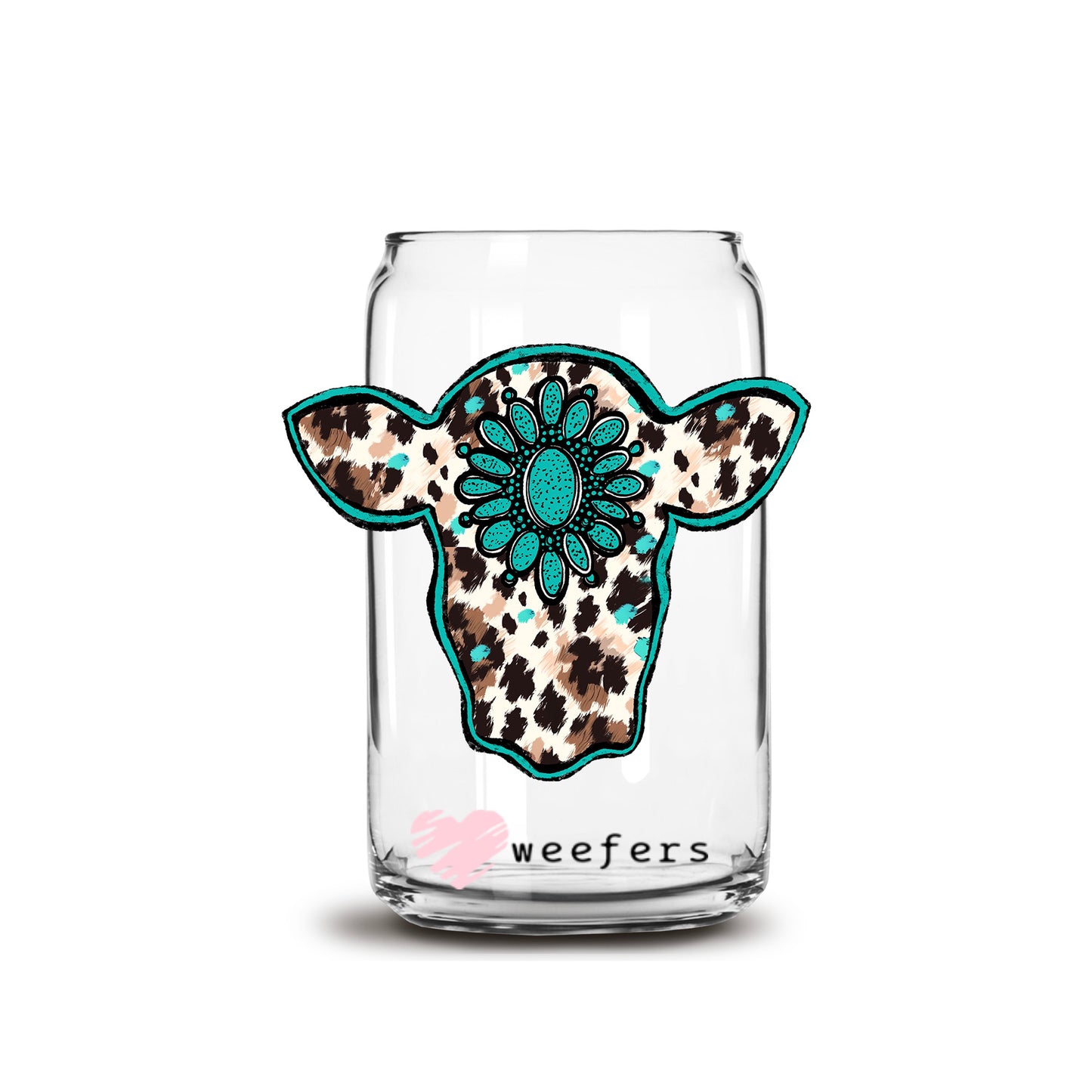 Cow Head Turquoise 16oz Libbey Glass Can UV DTF or Sublimation Wrap Decal Transfer Weefers