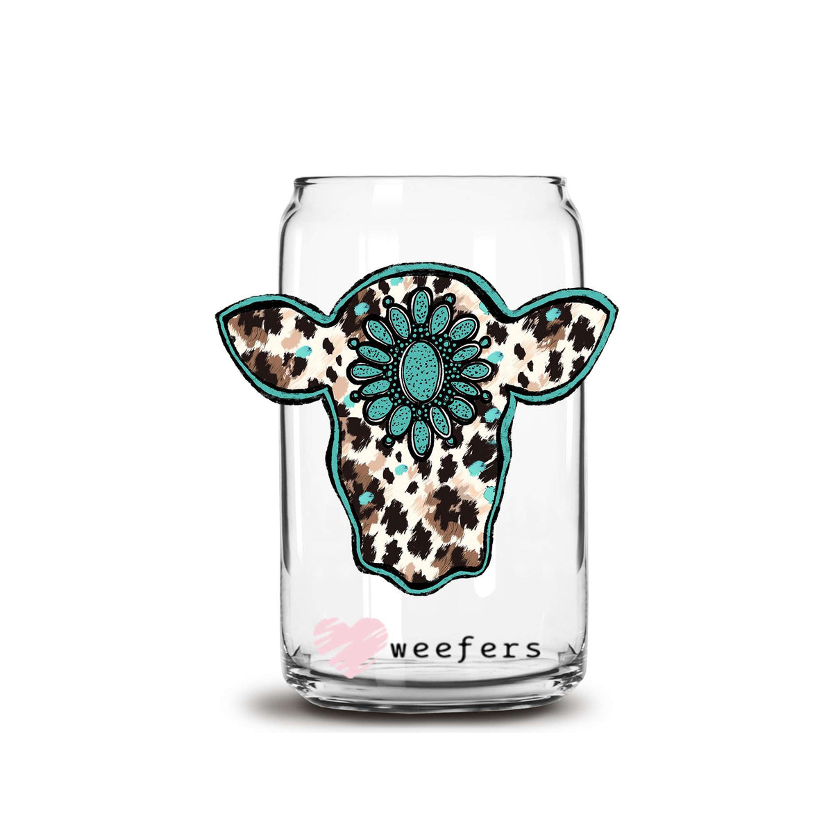 Cow Head Turquoise 16oz Libbey Glass Can UV DTF or Sublimation Wrap Decal Transfer Weefers