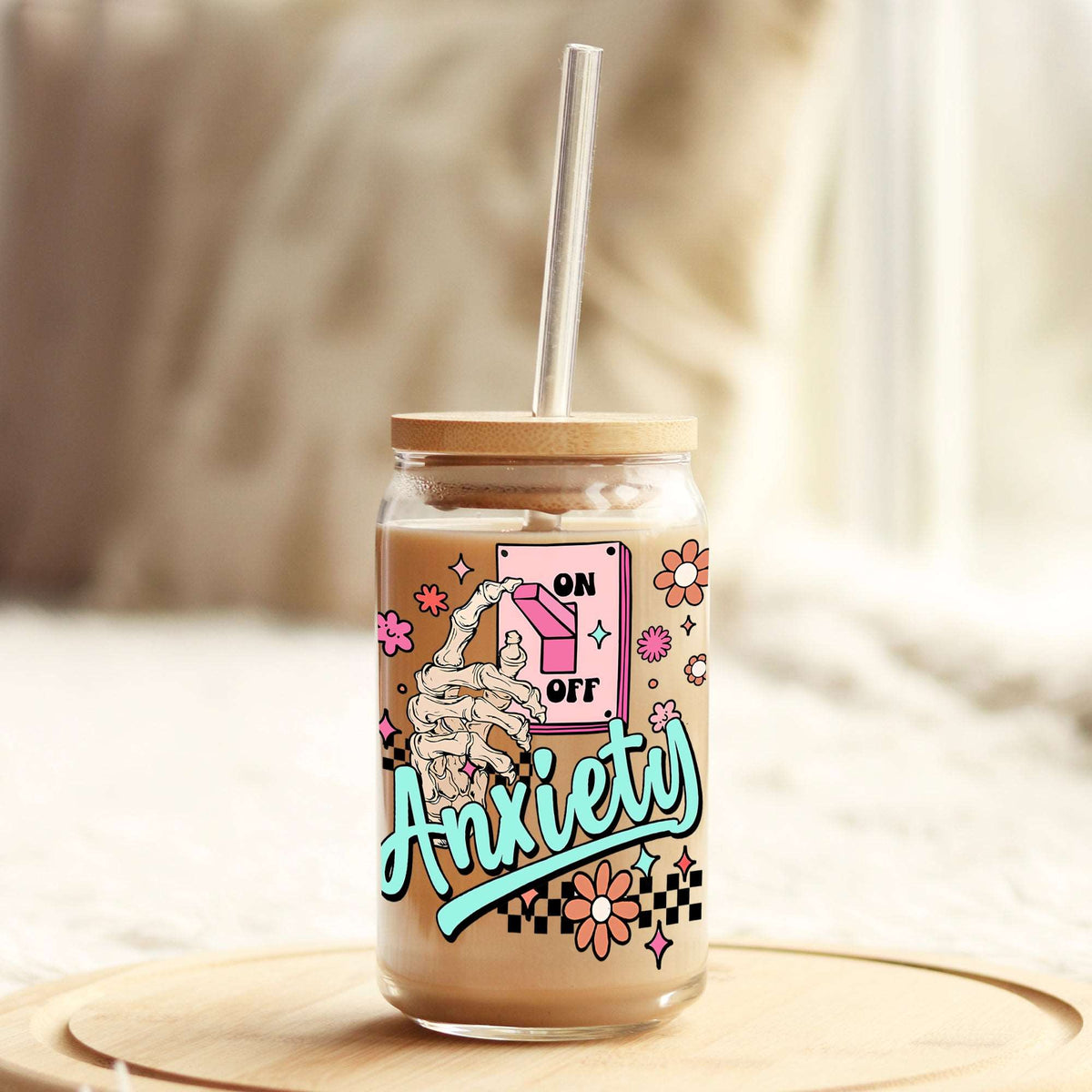 Anxiety Switch On 16oz Libbey Glass Can UV DTF or Sublimation Wrap - Decal Weefers