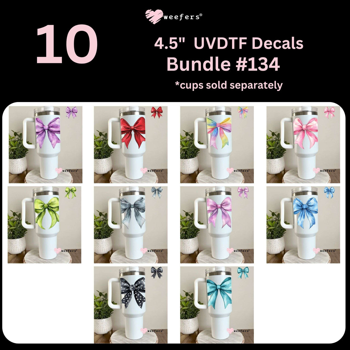 Solid Colored Bows UV DTF Decal Bundle Set 2 Bundle # 134 - 4.5" 40oz Tumbler Hip Sip Weefers