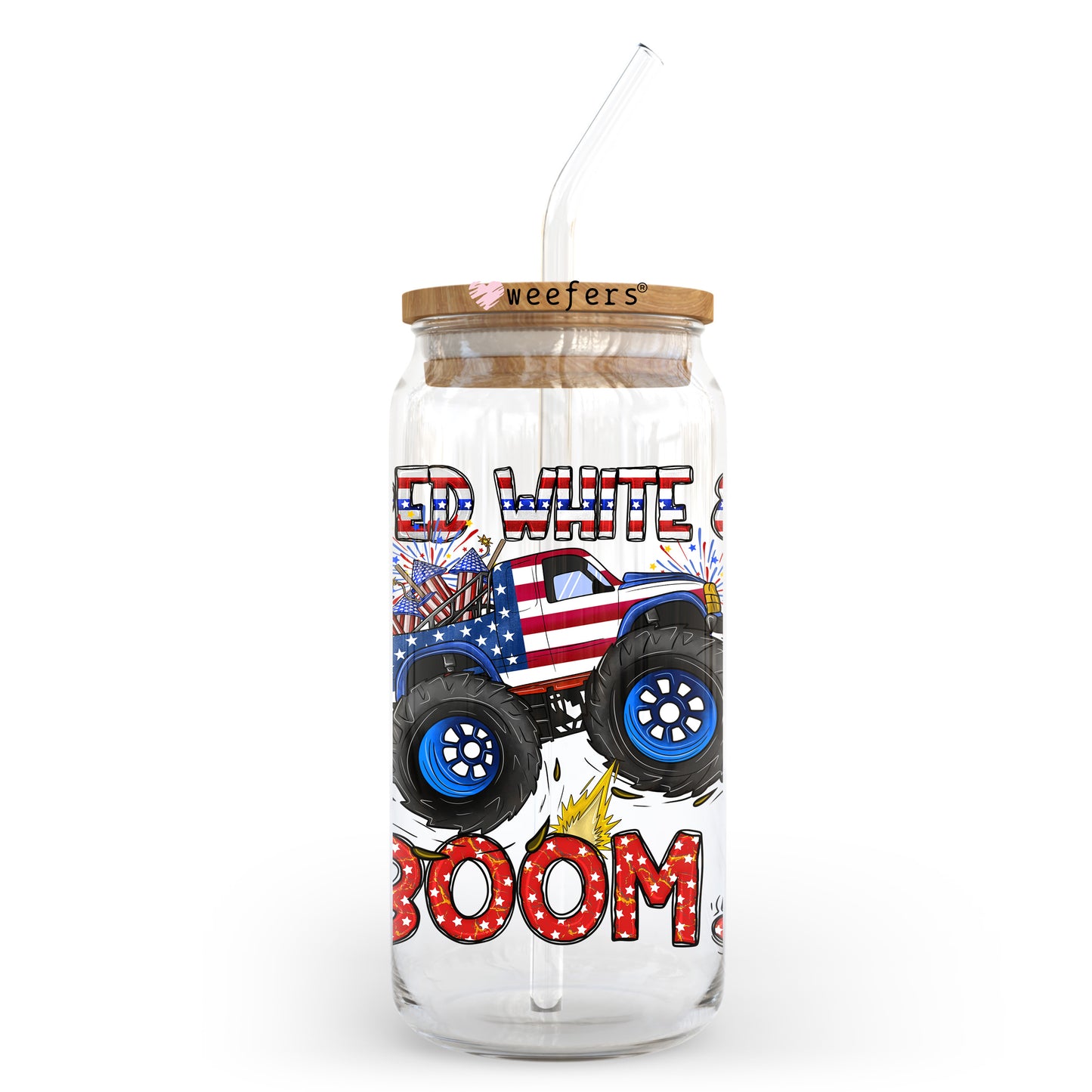 Red White & Boom 4th of July Monster Truck 20oz Libbey Glass Can, 34oz Hip Sip, 40oz Tumbler, 24oz Cold Cup UV DTF or Sublimation Decal Transfer Weefers
