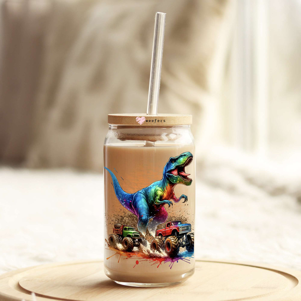 Dinosaur Crushing Monster Trucks 16oz Libbey Glass Can UV DTF or Sublimation Wrap - Decal Transfer Weefers