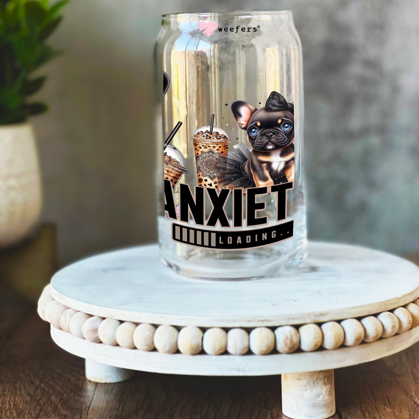 French Dog Bit of a Mess 16oz Libbey Glass Can UV DTF or Sublimation Wrap Transfer Weefers