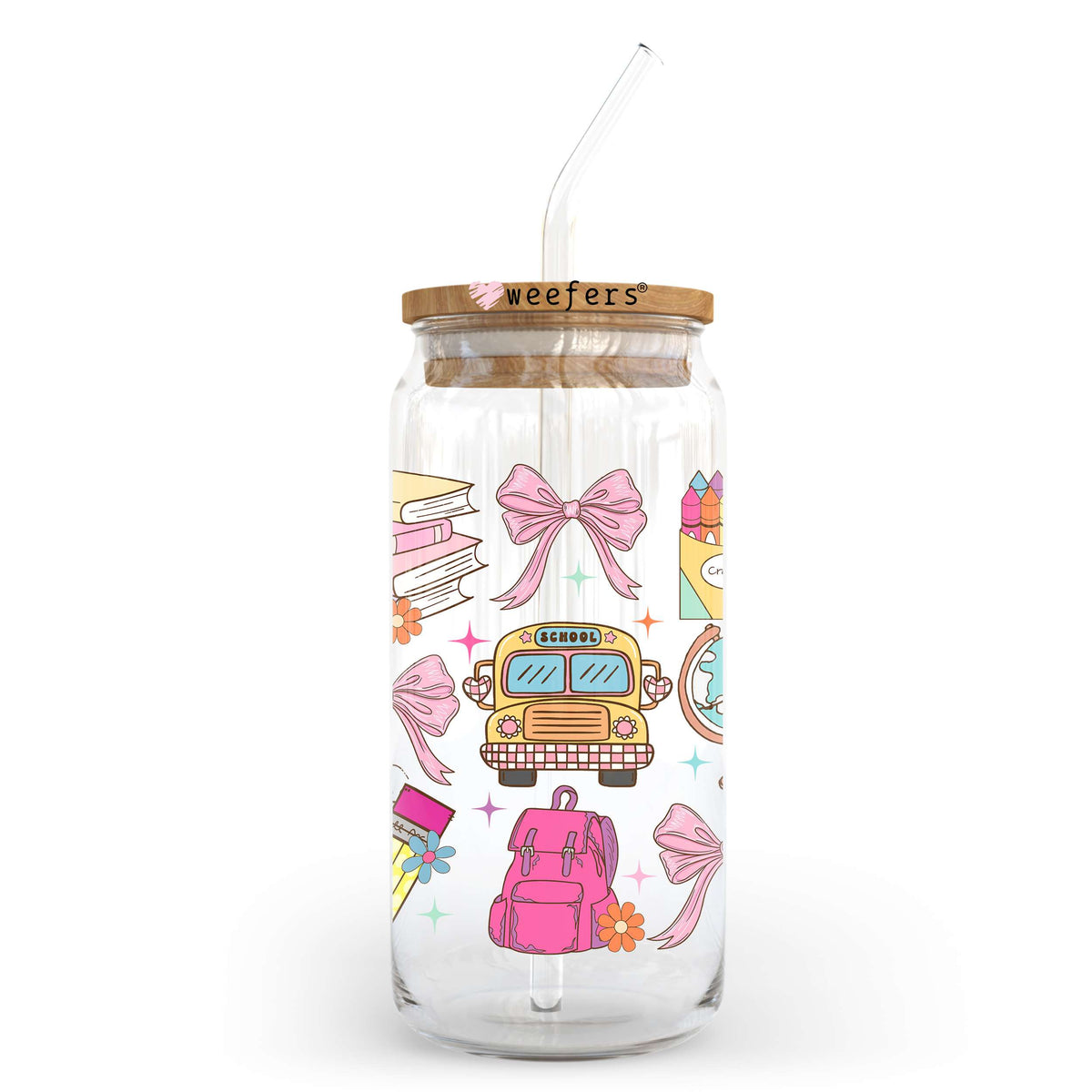 Pink Bows And School 20oz Libbey Glass Can, 34oz Hip Sip, 40oz Tumbler, 24oz Cold Cup UV DTF or Sublimation Decal Transfer Weefers