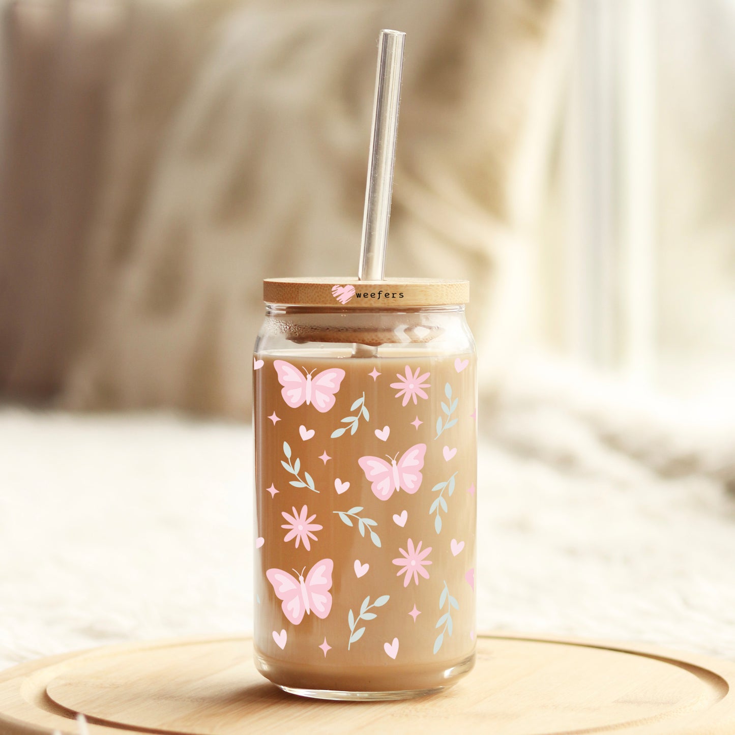 Dainty Pink Butterflies 16oz Libbey Glass Can UV DTF or Sublimation Wrap Decal Transfer Weefers