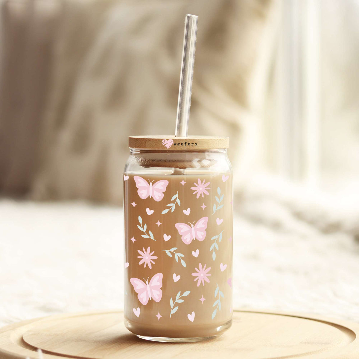 Dainty Pink Butterflies 16oz Libbey Glass Can UV DTF or Sublimation Wrap Decal Transfer Weefers