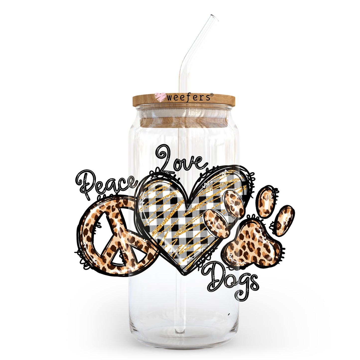 Peace Love Dogs Plaid Heart 20oz Libbey Glass Can UV DTF or Sublimation Wrap - Decal Transfer Weefers
