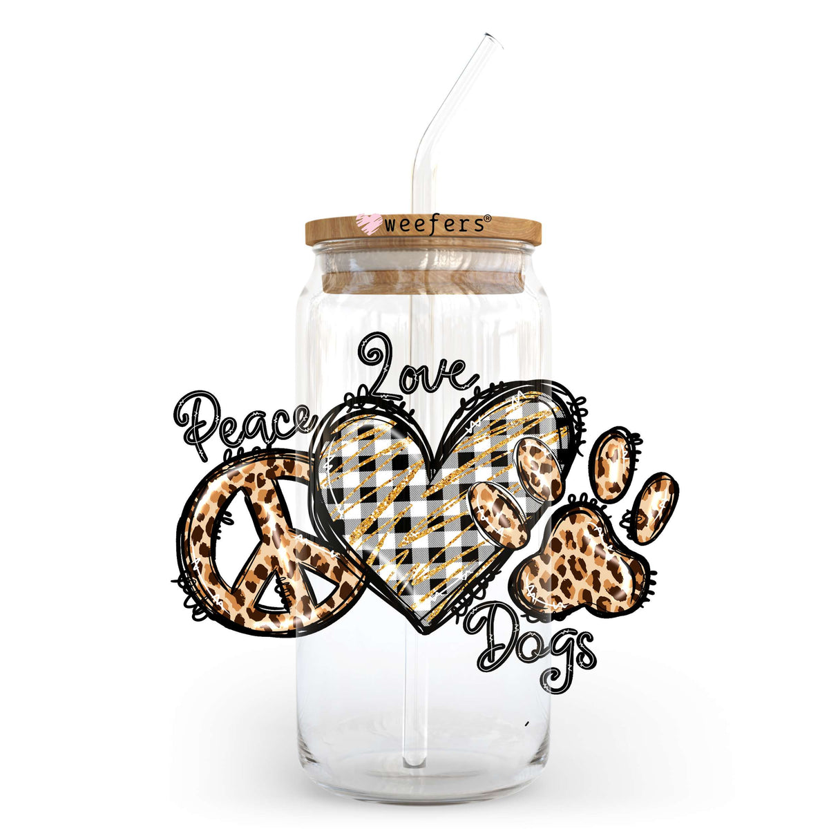 Peace Love Dogs Plaid Heart 20oz Libbey Glass Can UV DTF or Sublimation Wrap - Decal Transfer Weefers