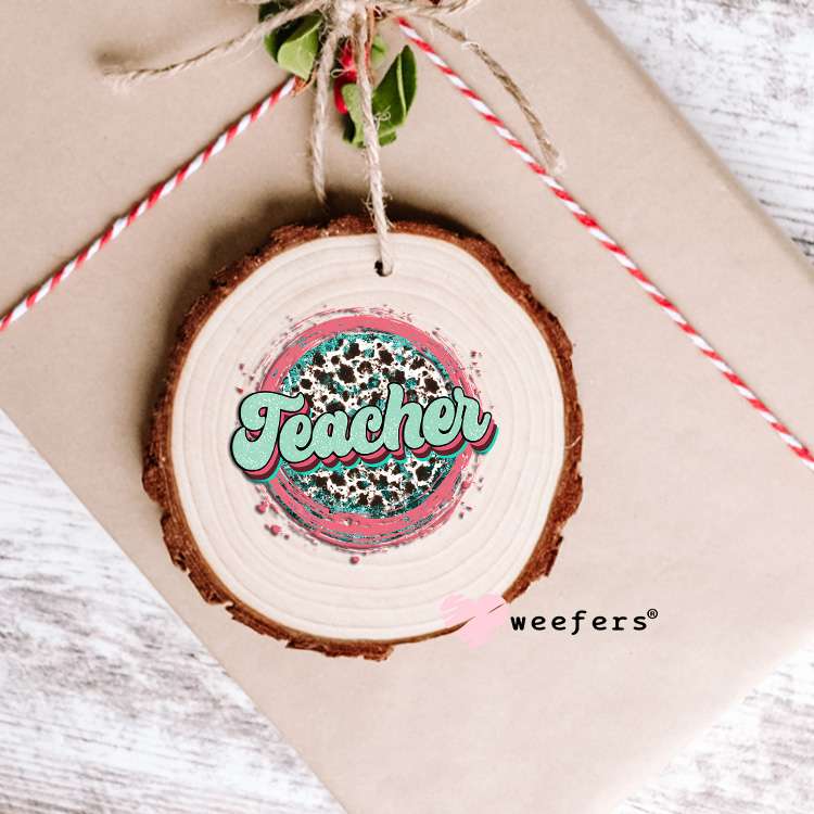 Teacher Cheetah Print Coral and Mint UV DTF Decal Ornament Weefers