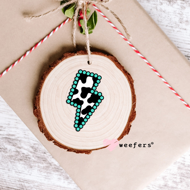 Cow Print Turquoise Lightening Bolt UV DTF Decal Ornament Weefers