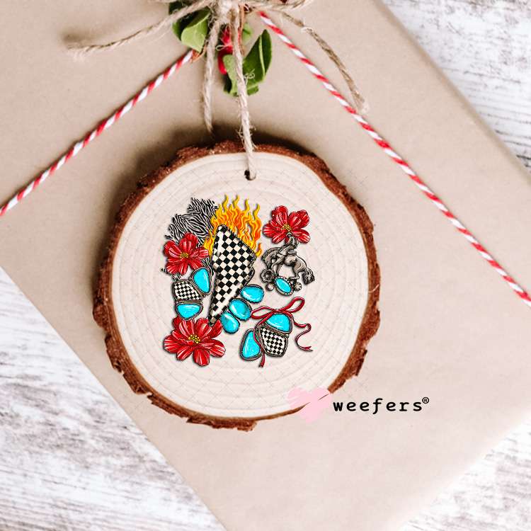 Checkered Lightening Bolt Red Flowers UV DTF Decal Ornament Weefers