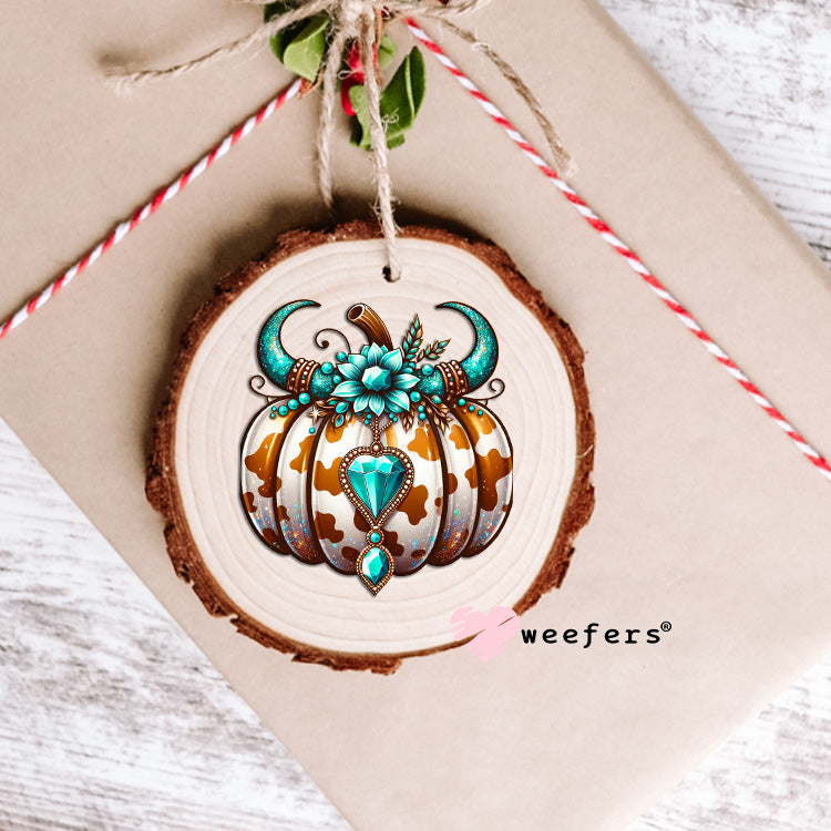 Turquoise Brown Cow Print Pumpkin UV DTF Decal Ornament Weefers