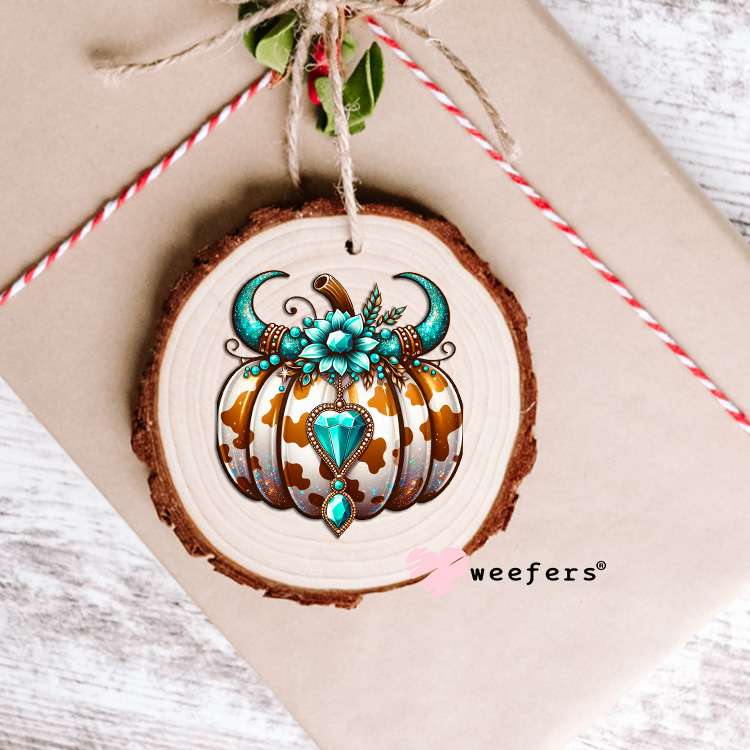 Turquoise Brown Cow Print Pumpkin UV DTF Decal Ornament Weefers