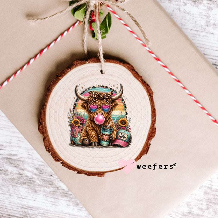 UV DTF Decal - Hot Mess Teal Pink Cow Ornament Weefers
