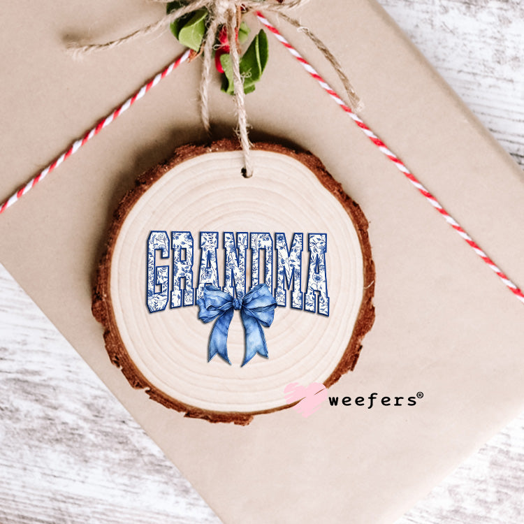 Grandma Blue Toile Bow UV DTF Decal Ornament Weefers