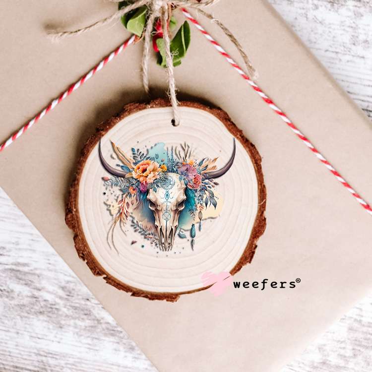 Blue Watercolor Cow Skull Western UV DTF Decal Ornament Weefers