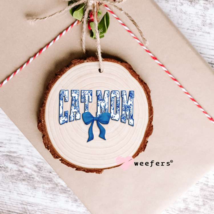 Cat Mom Blue Toile Bow UV DTF Decal Ornament Weefers