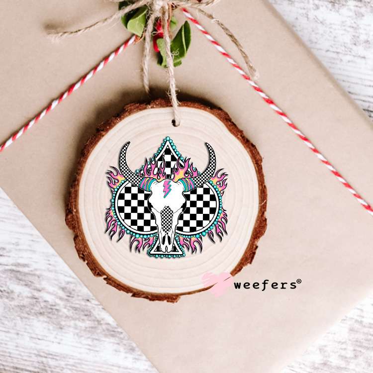 Cow Skull Checkered Heart Pink Flames Western UV DTF Decal Ornament Weefers