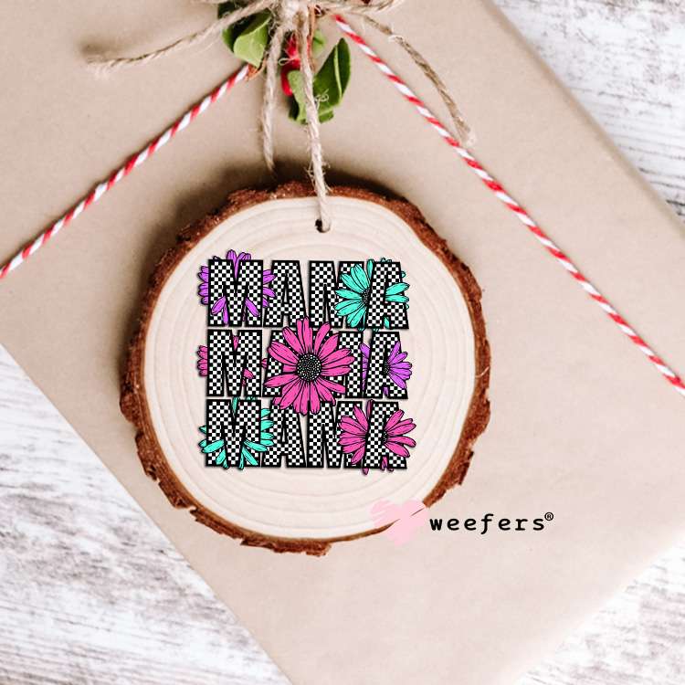 Mama Black Checkered Teal and Pink Flowers UV DTF Decal Ornament Weefers