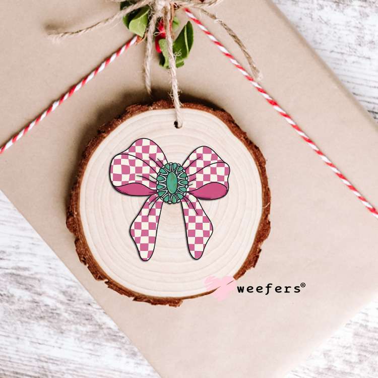 Pink Checkered Bow Turquoise UV DTF Decal Ornament Weefers